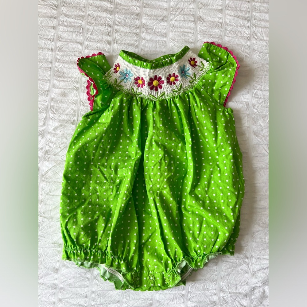 Green Polka Dot Smocked Baby One-Piece Bodysuit